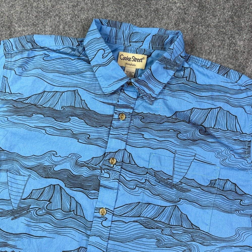 Cooke Street Mens Hawaiian Shirt XL Blue Sailboat Ocean Aloha Cotton Nautical